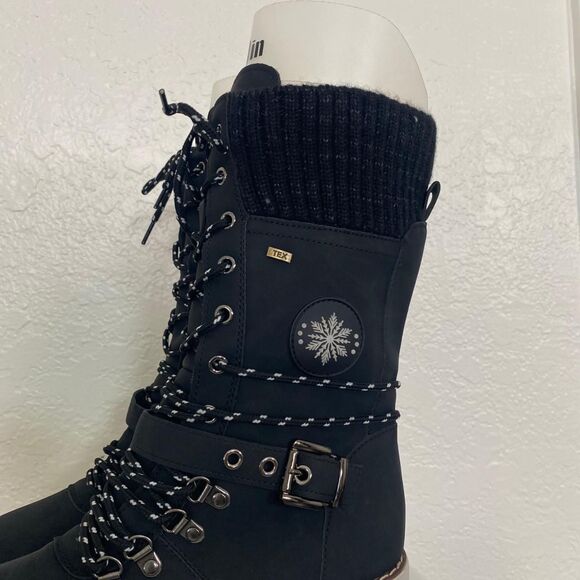 Black Gray Snow TEX Lace Up Snowflake Winter Boots US 6.5 - Picture 2 of 8